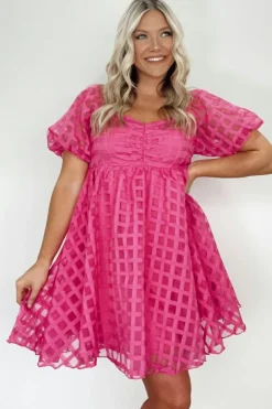 Discount Dear-Lover Checkered Puff Sleeve Babydoll Dress Strawberry Pink