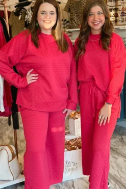 Online Dear-Lover Checkered Textured Split Pullover Top and Pants Set Strawberry Pink