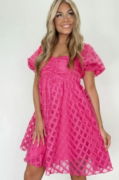 Discount Dear-Lover Checkered Puff Sleeve Babydoll Dress Strawberry Pink