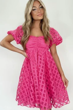 Discount Dear-Lover Checkered Puff Sleeve Babydoll Dress Strawberry Pink