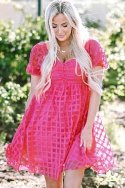 Discount Dear-Lover Checkered Puff Sleeve Babydoll Dress Strawberry Pink