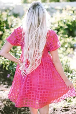 Discount Dear-Lover Checkered Puff Sleeve Babydoll Dress Strawberry Pink