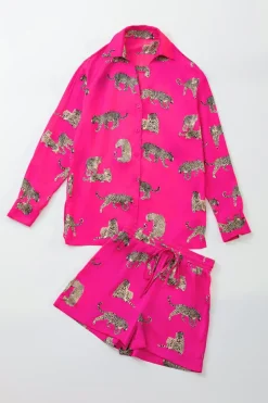 Fashion Dear-Lover Cheetah Print Satin Shirt and Shorts Lounge Set Strawberry Pink