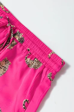Fashion Dear-Lover Cheetah Print Satin Shirt and Shorts Lounge Set Strawberry Pink