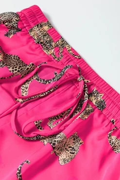 Fashion Dear-Lover Cheetah Print Satin Shirt and Shorts Lounge Set Strawberry Pink