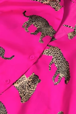 Fashion Dear-Lover Cheetah Print Satin Shirt and Shorts Lounge Set Strawberry Pink