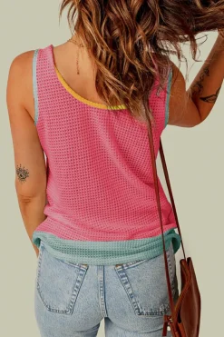 Hot Dear-Lover Color Block Patched Pocket Breathable Knit Tank Top Strawberry Pink