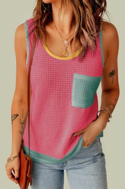 Hot Dear-Lover Color Block Patched Pocket Breathable Knit Tank Top Strawberry Pink