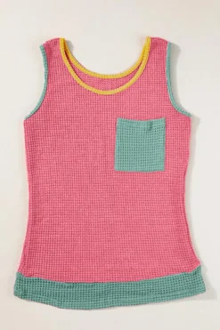 Hot Dear-Lover Color Block Patched Pocket Breathable Knit Tank Top Strawberry Pink