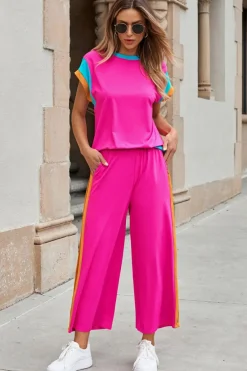 Clearance Dear-Lover Color Block Detail Casual Two-piece Set Strawberry Pink
