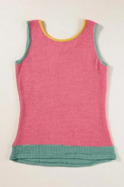Hot Dear-Lover Color Block Patched Pocket Breathable Knit Tank Top Strawberry Pink