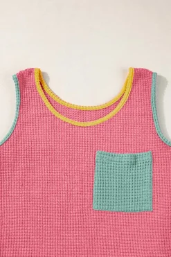 Hot Dear-Lover Color Block Patched Pocket Breathable Knit Tank Top Strawberry Pink