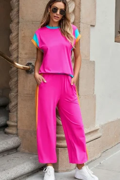Clearance Dear-Lover Color Block Detail Casual Two-piece Set Strawberry Pink