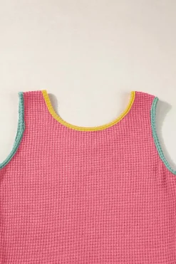 Hot Dear-Lover Color Block Patched Pocket Breathable Knit Tank Top Strawberry Pink