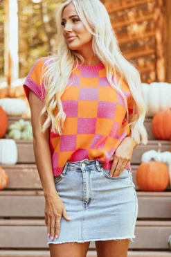 Online Dear-Lover Colorblock Plaid Pattern Ribbed Trim Sweater Tank Top Strawberry Pink