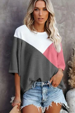 Discount Dear-Lover Colorblock Waffle Knit Half Sleeve T Shirt Strawberry Pink