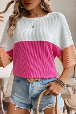 Clearance Dear-Lover Colorblock Corded Drop Shoulder Short Sleeve Top Strawberry Pink