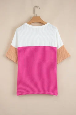 Clearance Dear-Lover Colorblock Corded Drop Shoulder Short Sleeve Top Strawberry Pink