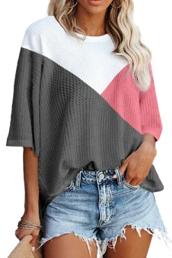 Discount Dear-Lover Colorblock Waffle Knit Half Sleeve T Shirt Strawberry Pink