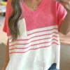 Clearance Dear-Lover Contrast Stripes V Neck Knitted Short Sleeve Top Strawberry Pink
