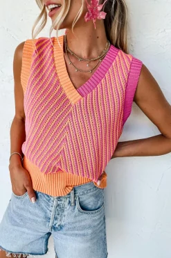 Clearance Dear-Lover Contrast Chevron Knit V Neck Sweater Vest Strawberry Pink