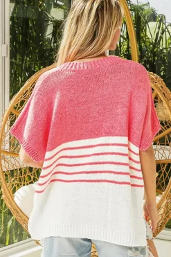 Clearance Dear-Lover Contrast Stripes V Neck Knitted Short Sleeve Top Strawberry Pink