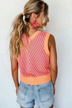 Clearance Dear-Lover Contrast Chevron Knit V Neck Sweater Vest Strawberry Pink