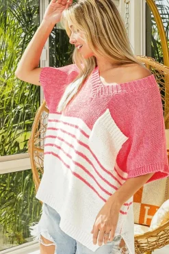 Clearance Dear-Lover Contrast Stripes V Neck Knitted Short Sleeve Top Strawberry Pink