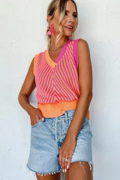 Clearance Dear-Lover Contrast Chevron Knit V Neck Sweater Vest Strawberry Pink