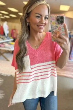 Clearance Dear-Lover Contrast Stripes V Neck Knitted Short Sleeve Top Strawberry Pink