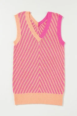 Clearance Dear-Lover Contrast Chevron Knit V Neck Sweater Vest Strawberry Pink