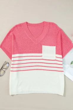 Clearance Dear-Lover Contrast Stripes V Neck Knitted Short Sleeve Top Strawberry Pink