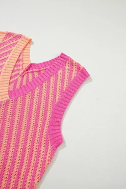 Clearance Dear-Lover Contrast Chevron Knit V Neck Sweater Vest Strawberry Pink