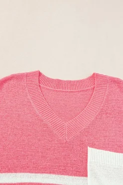 Clearance Dear-Lover Contrast Stripes V Neck Knitted Short Sleeve Top Strawberry Pink