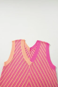 Clearance Dear-Lover Contrast Chevron Knit V Neck Sweater Vest Strawberry Pink