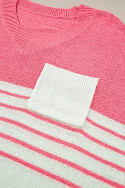 Clearance Dear-Lover Contrast Stripes V Neck Knitted Short Sleeve Top Strawberry Pink