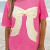 Fashion Dear-Lover Contrasting Color Ribbon Bow Front Patch Loose Tee with Slits Strawberry Pink