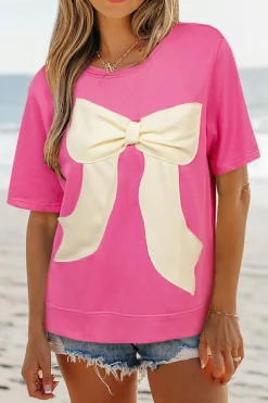 Fashion Dear-Lover Contrasting Color Ribbon Bow Front Patch Loose Tee with Slits Strawberry Pink
