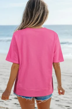Fashion Dear-Lover Contrasting Color Ribbon Bow Front Patch Loose Tee with Slits Strawberry Pink