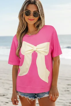 Fashion Dear-Lover Contrasting Color Ribbon Bow Front Patch Loose Tee with Slits Strawberry Pink