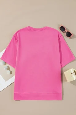 Fashion Dear-Lover Contrasting Color Ribbon Bow Front Patch Loose Tee with Slits Strawberry Pink