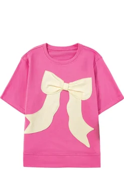 Fashion Dear-Lover Contrasting Color Ribbon Bow Front Patch Loose Tee with Slits Strawberry Pink