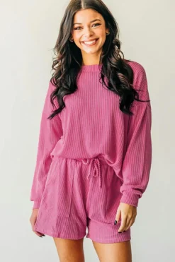 Hot Dear-Lover Corded Textured Long Sleeve Top and Shorts Set Strawberry Pink
