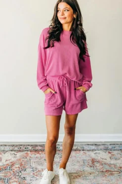 Hot Dear-Lover Corded Textured Long Sleeve Top and Shorts Set Strawberry Pink