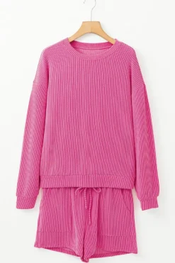 Hot Dear-Lover Corded Textured Long Sleeve Top and Shorts Set Strawberry Pink