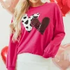Online Dear-Lover Cow & Sequin Double Heart Patch Graphic Sweatshirt Strawberry Pink