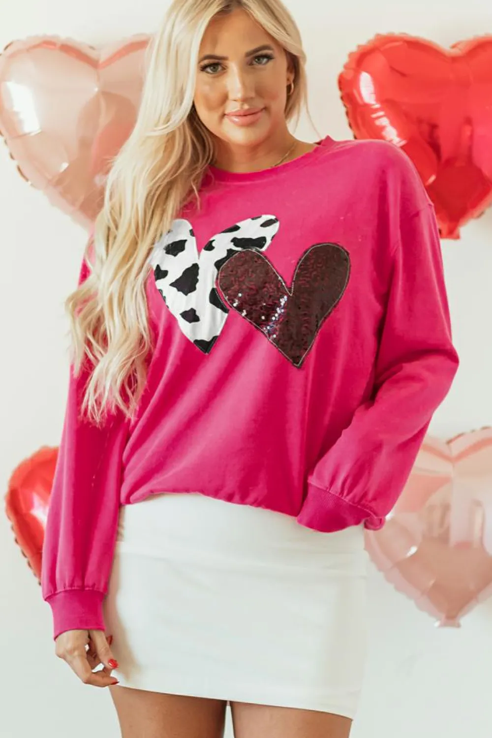 Online Dear-Lover Cow & Sequin Double Heart Patch Graphic Sweatshirt Strawberry Pink