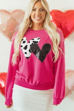 Online Dear-Lover Cow & Sequin Double Heart Patch Graphic Sweatshirt Strawberry Pink
