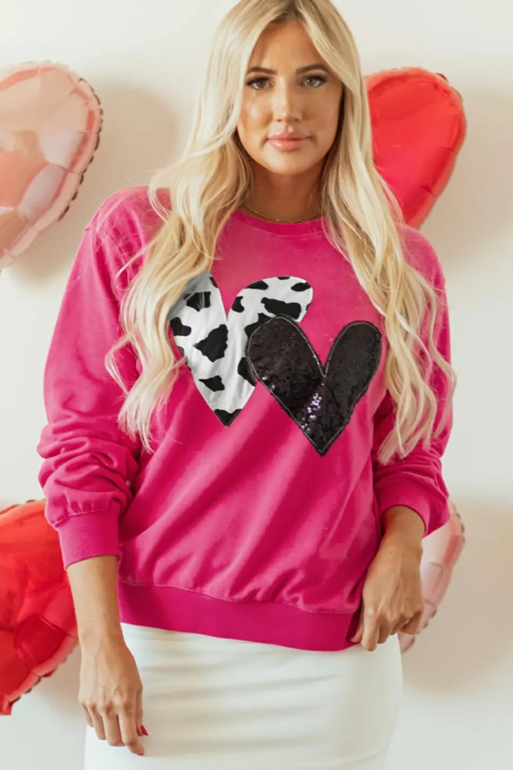 Online Dear-Lover Cow & Sequin Double Heart Patch Graphic Sweatshirt Strawberry Pink