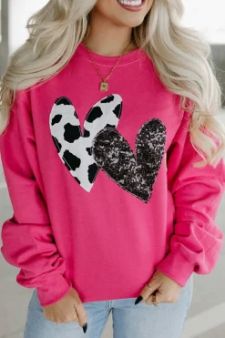 Online Dear-Lover Cow & Sequin Double Heart Patch Graphic Sweatshirt Strawberry Pink